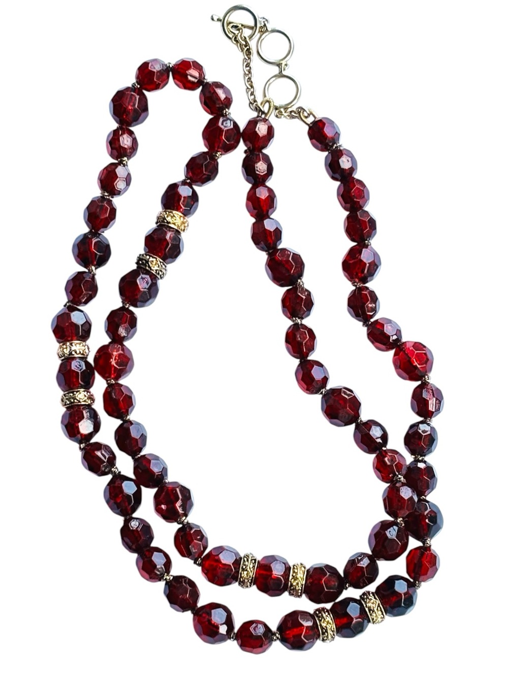 Monet Signed Vintage Red Faceted Glass Beads Gold Tone Spacers Necklace 32”